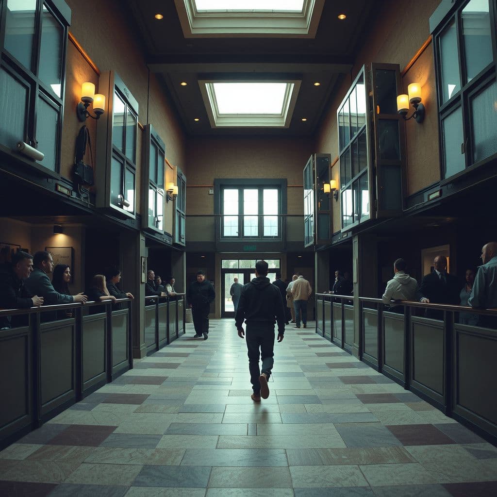 Surreal dream scene, cinematic and atmospheric, digital art: A person walking slowly through a crowded second-floor hallway of a large square building with a central courtyard, surrounded by friendly people saying goodbye, as they peer out the windows while making their way to a destination.