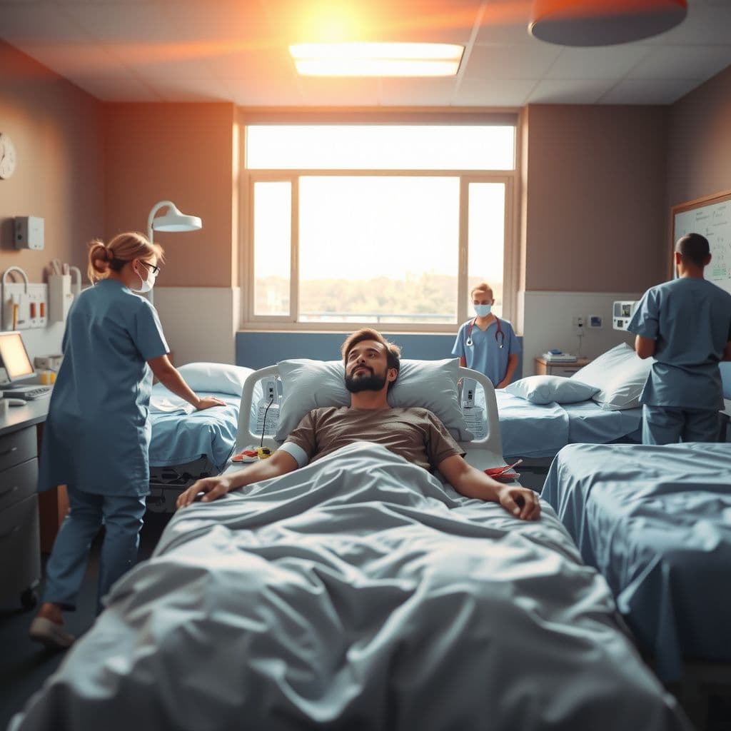 Surreal dream scene, cinematic and atmospheric, digital art: A peaceful hospital room softly lit by morning light, where a calm patient lies comfortably under a blanket surrounded by gentle caregivers and other patients, evoking a serene and hopeful atmosphere of quiet perseverance.