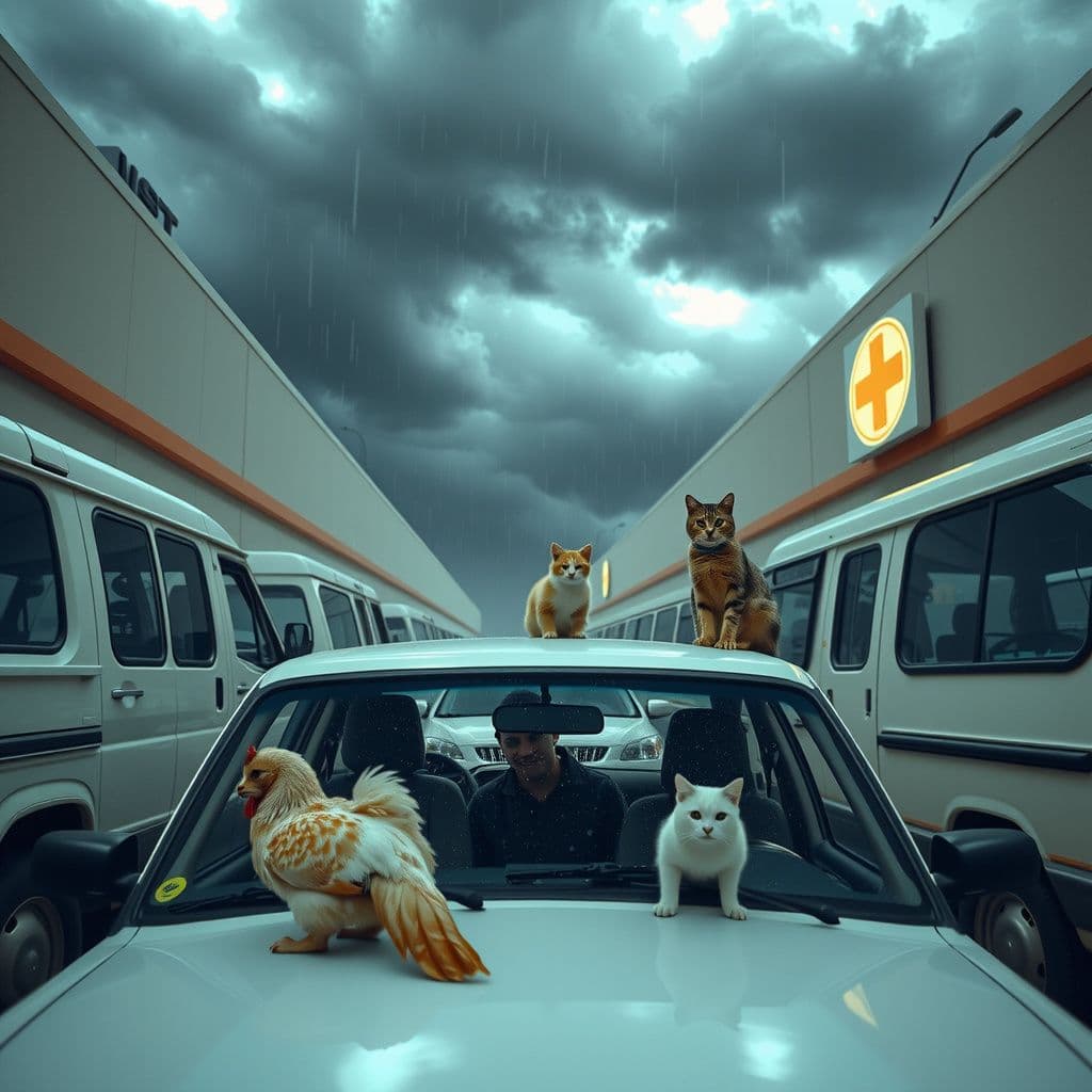 Surreal dream scene, cinematic and atmospheric, digital art: A group of friends escapes a vast, surreal medical mall in rainy weather, carrying a rescued chicken to a car surrounded by cats sitting on parked vehicles under a gloomy sky.