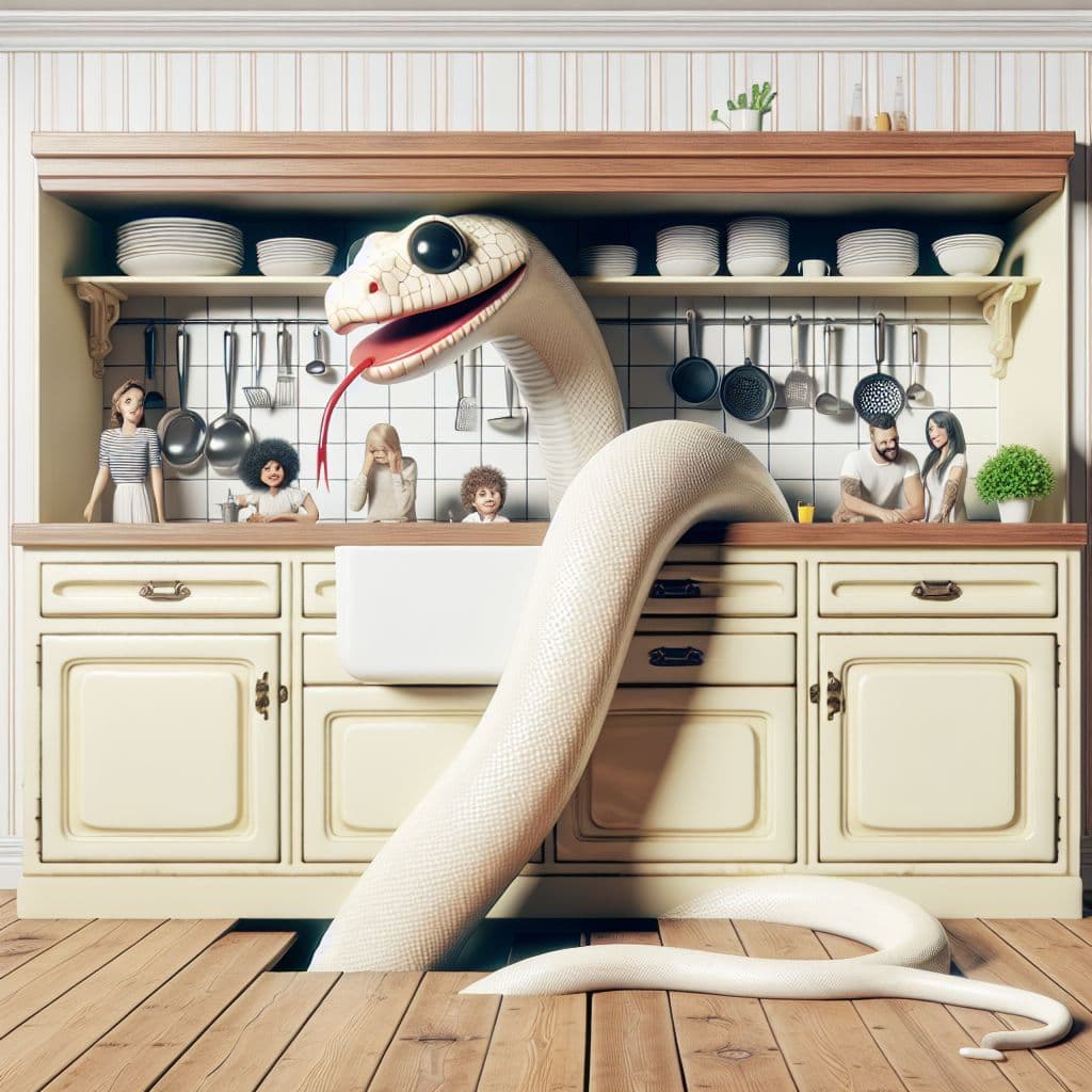Surreal dream scene, cinematic and atmospheric, digital art: A large, clean, vintage-style off-white kitchen with a big snake under the sink, featuring a friendly cartoon ladybug-like smiling face, rattles on its tail, and several people calmly interacting nearby.
