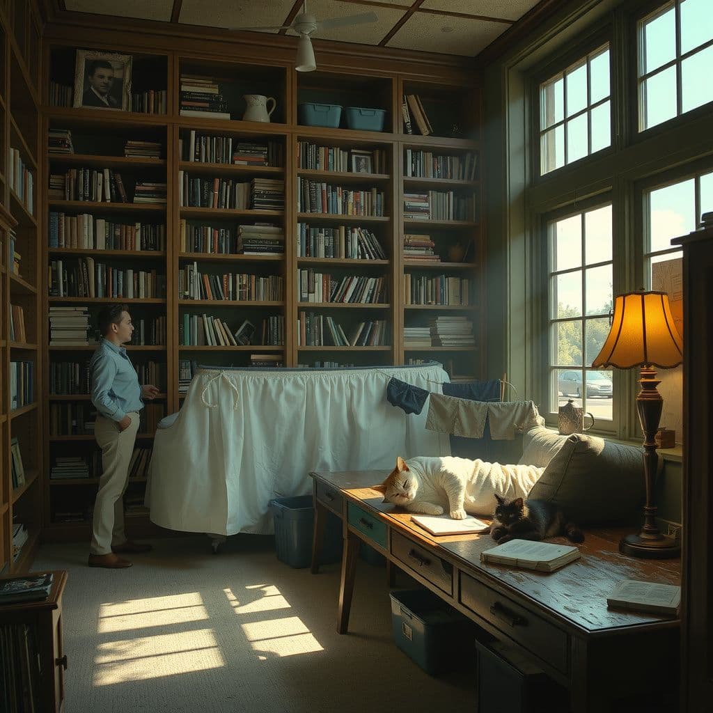 Surreal dream scene, cinematic and atmospheric, digital art: A cozy library filled with towering shelves of books, a person reorganizing the books while creating a cozy nook with cat beds and litter boxes on the bottom shelves, a man peacefully sleeping on a makeshift bed made from a shower curtain and clothesline, and a woman nearby explaining hypnosis to a small interested group.
