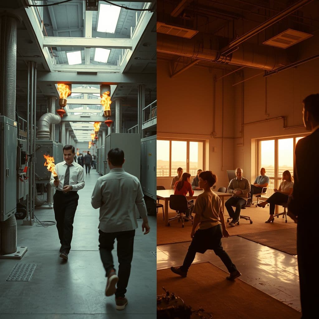 Surreal dream scene, cinematic and atmospheric, digital art: A surreal workplace scene where employees navigate tight aisles of industrial machinery with open flames while playfully competing for prizes using harmless electric stun devices, transitioning into a large, bright break room filled with a diverse group attending a meeting, and culminating in a mysterious warehouse setting featuring a group of adventurous kids confronting elegant vampires near bay doors.