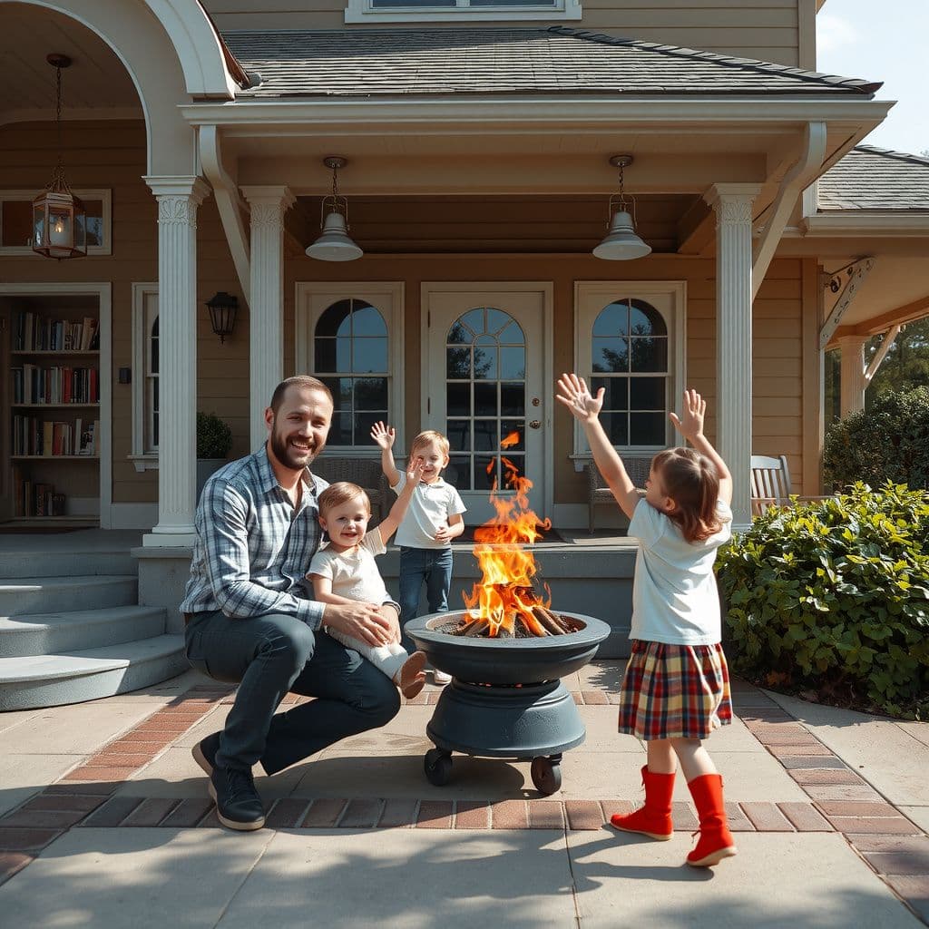 Surreal dream scene, cinematic and atmospheric, digital art: A cheerful family outing near a cozy library where a young child is safely rescued from a small flannel fire by a quick-thinking adult, while children happily wave to friends outside on a sunny day.