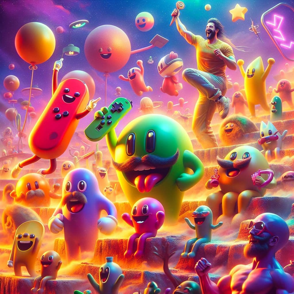 Surreal dream scene, cinematic and atmospheric, digital art: A colorful scene showing characters from Super Mario Party Jamboree joyfully competing in a new game mode where they win prizes in real time.