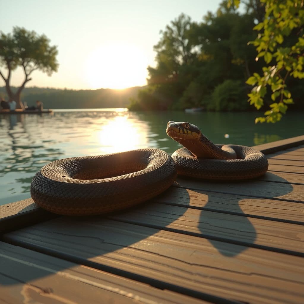 Surreal dream scene, cinematic and atmospheric, digital art: A curious couple of snakes resting on a sunlit wooden deck by the water, with a peaceful lake and lush greenery in the background, capturing a serene moment in nature.