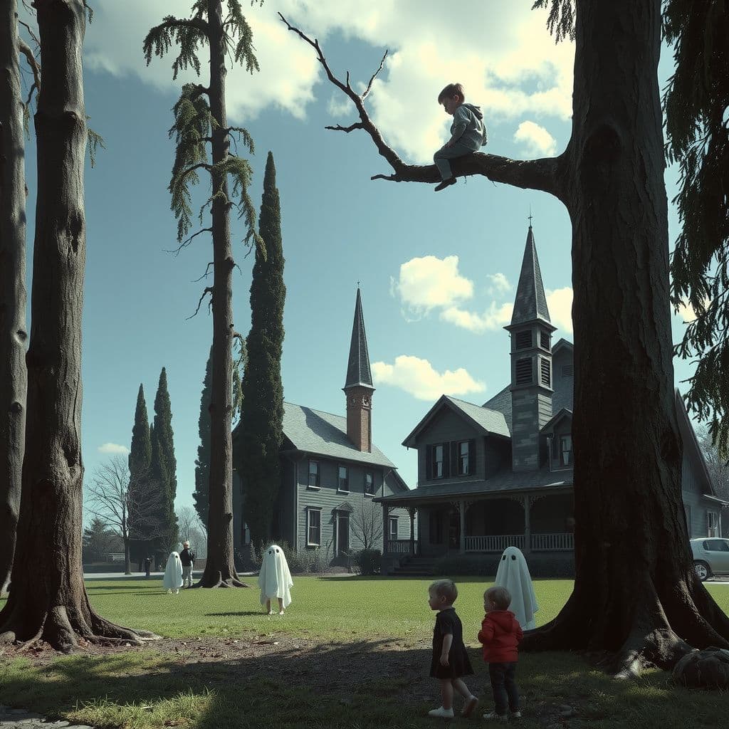 Surreal dream scene, cinematic and atmospheric, digital art: A little ghost boy perched in a tall tree of an old house’s yard filled with tall trees, surrounded by a mixed group of ghostly and living children and adults waiting peacefully together.