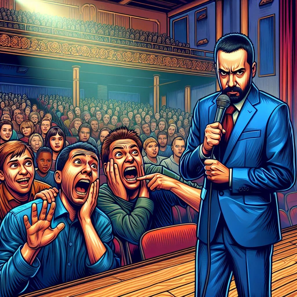 Digital art 4k scene from a movie: Generate an image of a confused Jason Manford on stage, pointing to his face and asking if he looks like he has been punched, as a person in the audience shouts out that their Dad has been wrongly accused of hitting him during the performance.