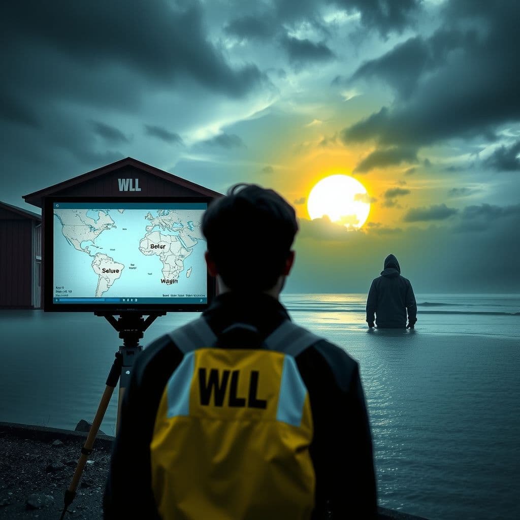 Surreal dream scene, cinematic and atmospheric, digital art: A person and their colleague are surveying two nearby buildings with 'WL' markings indicating water levels, while observing a detailed weather map showing a cluster of small islands surrounded by water with bright yellow clouds signaling heavy rain over the area where the buildings are located.