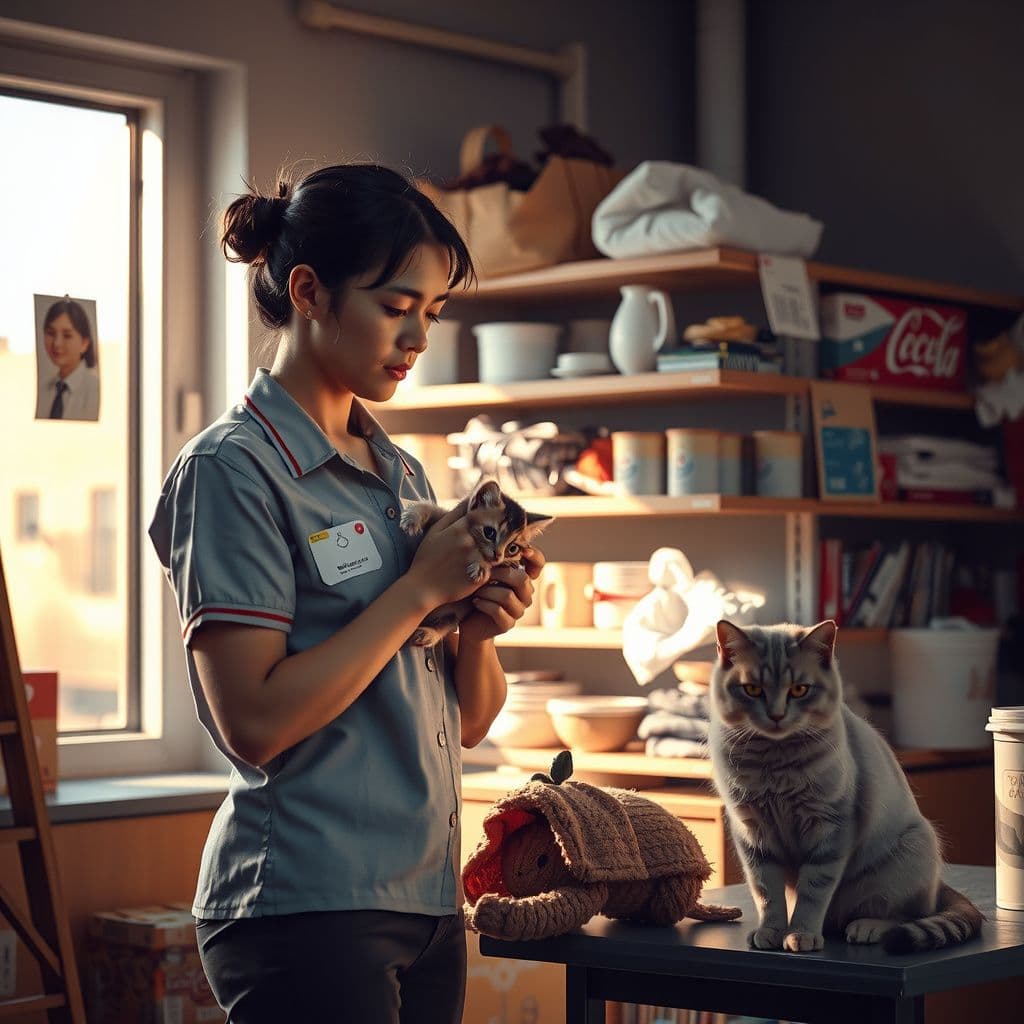 Surreal dream scene, cinematic and atmospheric, digital art: A frustrated employee dressed in a store uniform stands near a cluttered retail shelf at dawn, gently caring for a small, fluffy kitten while a calm adult cat watches nearby, with soft morning light filtering through the windows.