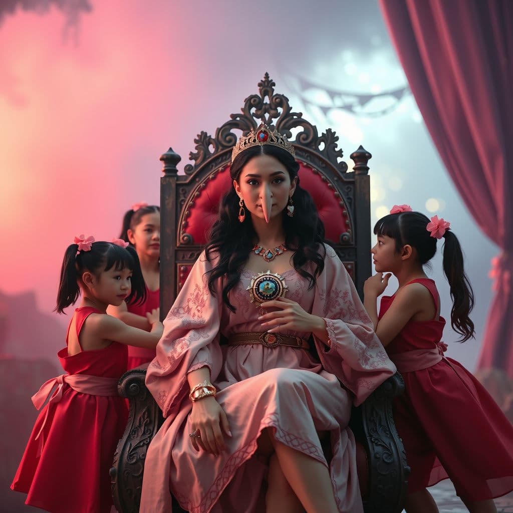 Surreal dream scene, cinematic and atmospheric, digital art: An otherworldly actress with a hooked nose sitting regally on a throne, surrounded by young girls dancing admirably around her in a surreal, colorful environment.