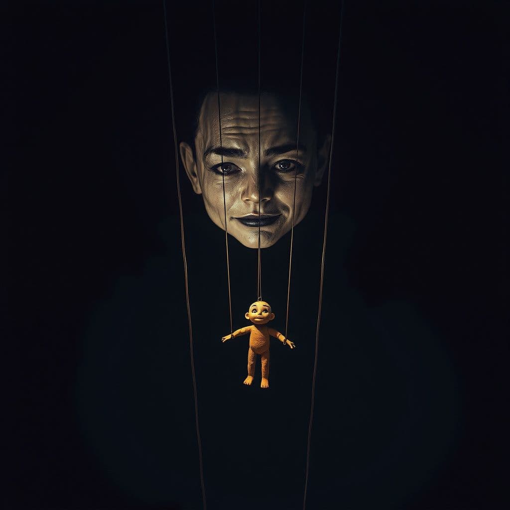 Surreal dream scene, cinematic and atmospheric, digital art: A surreal scene of a lifelike puppet suspended by thin black wires against a dark background, with an enormous, looming, distorted yet mesmerizing face radiating warmth and complexity above, eyes swirling with shades of violet and grey, evoking a haunting atmosphere of control and surrender.