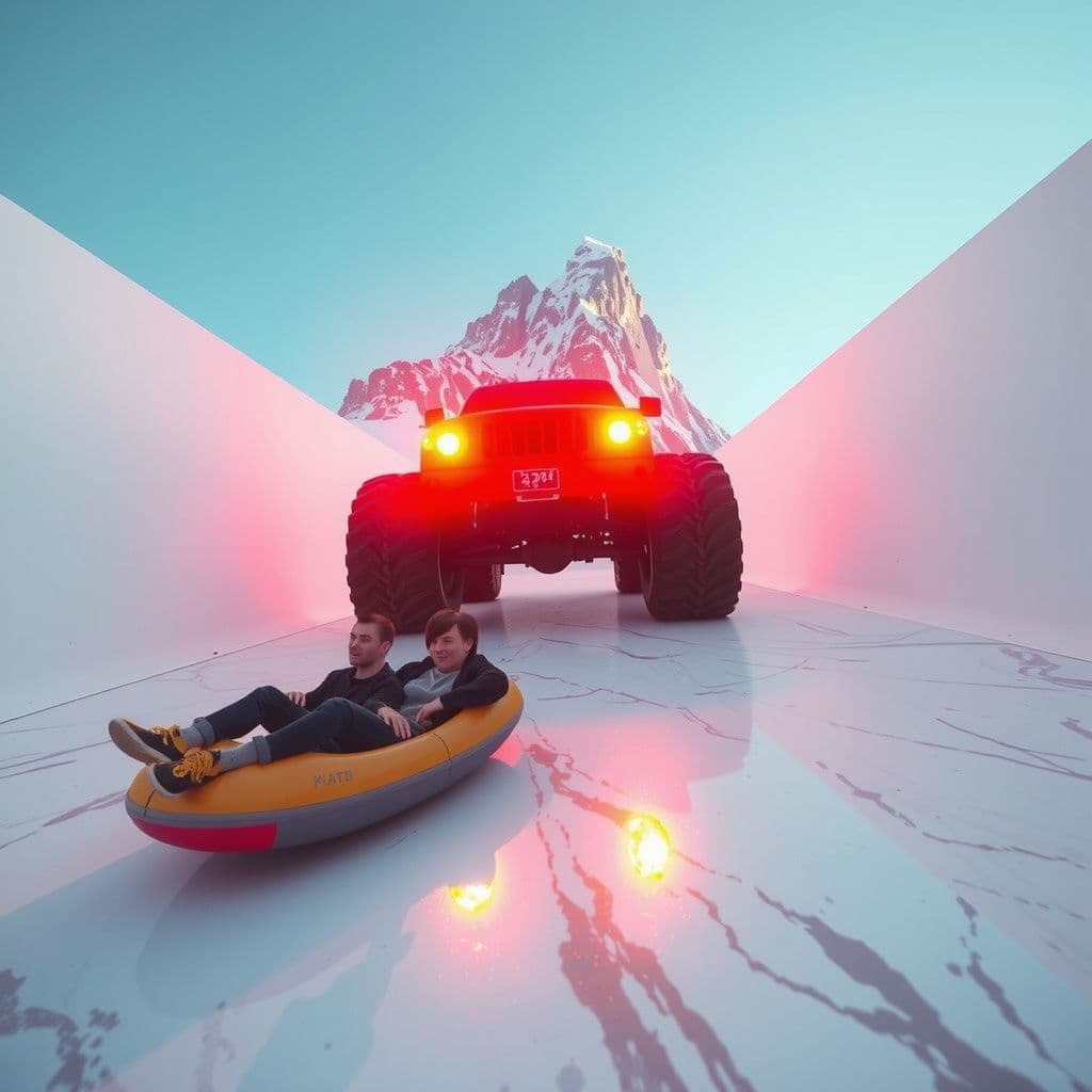 Surreal dream scene, cinematic and atmospheric, digital art: A monster truck climbing Mont Blanche followed by two friends sliding down a giant, flat, marble-like plastic path into a bright white room where a DJ plays jungle music at a lively grind concert.