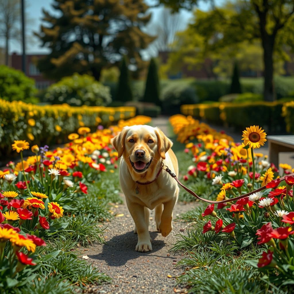 Surreal dream scene, cinematic and atmospheric, digital art: A calm golden retriever happily walking on a leash through a sunny park filled with colorful flowers.