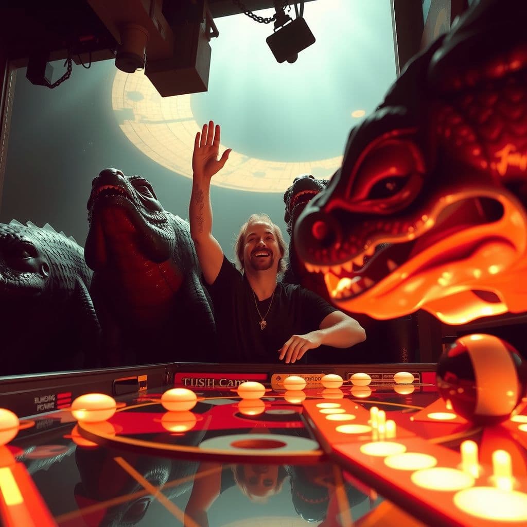 Surreal dream scene, cinematic and atmospheric, digital art: A person joyfully playing pinball with large, friendly reptiloid creatures in a warm, humid environment filled with a sultry and charged atmosphere, expressing fun and comfort.