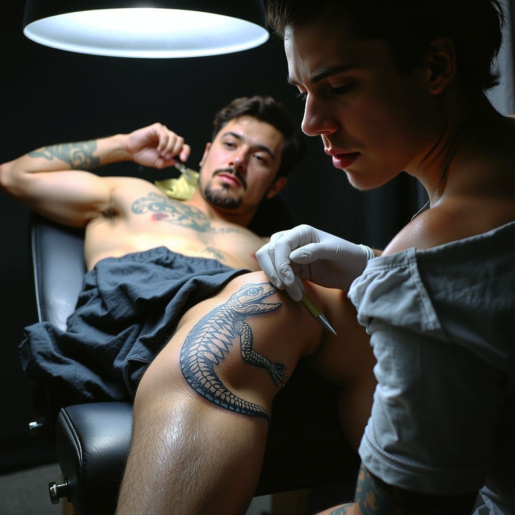 Surreal dream scene, cinematic and atmospheric, digital art: A person lies in a tattoo chair wearing short nylon shorts while a younger, handsome tattoo artist works on a detailed reptilian scale tattoo on their knee, capturing a moment of intense focus and mixed emotions.