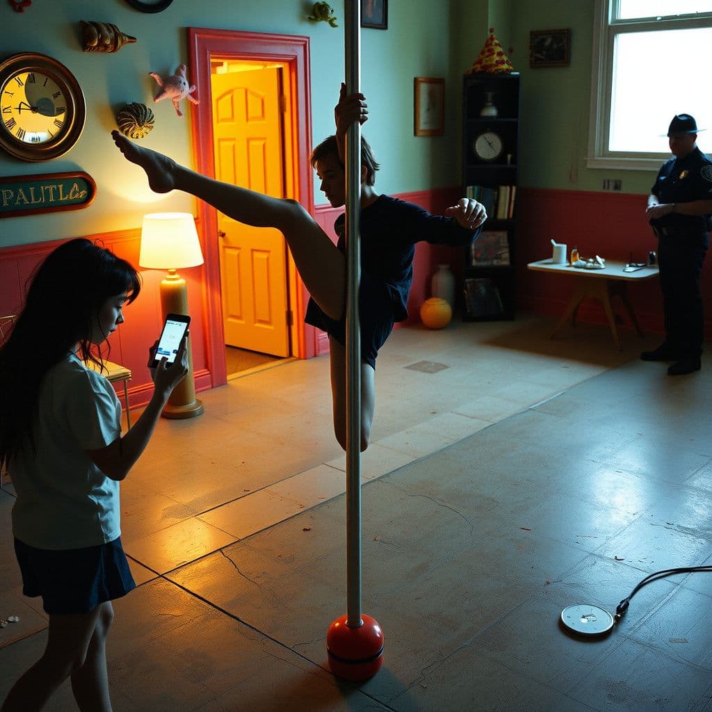 Surreal dream scene, cinematic and atmospheric, digital art: A surreal dreamscape showing a person practicing pole dancing in a colorful, whimsical room, while in the background a mysterious girl looks at a glowing phone symbolizing subtle online bragging, with a shadowy figure of a police officer nearby, all depicted in a dreamy, imaginative style.