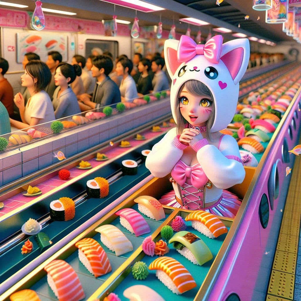 Digital art 4k scene from a movie: A young girl in a hello kitty costume waits anxiously at a vibrant sushi train station, surrounded by colorful fish and bustling passengers.