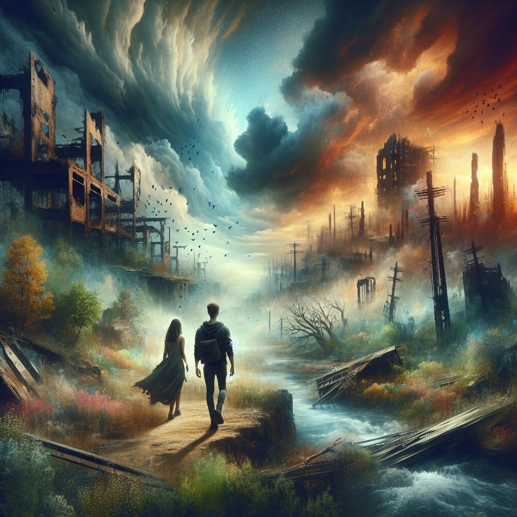 Surreal dream scene, cinematic and atmospheric, digital art: A resilient young person and their ex navigate a dystopian wasteland, surrounded by ruined buildings and overgrown nature under a moody, dramatic sky.