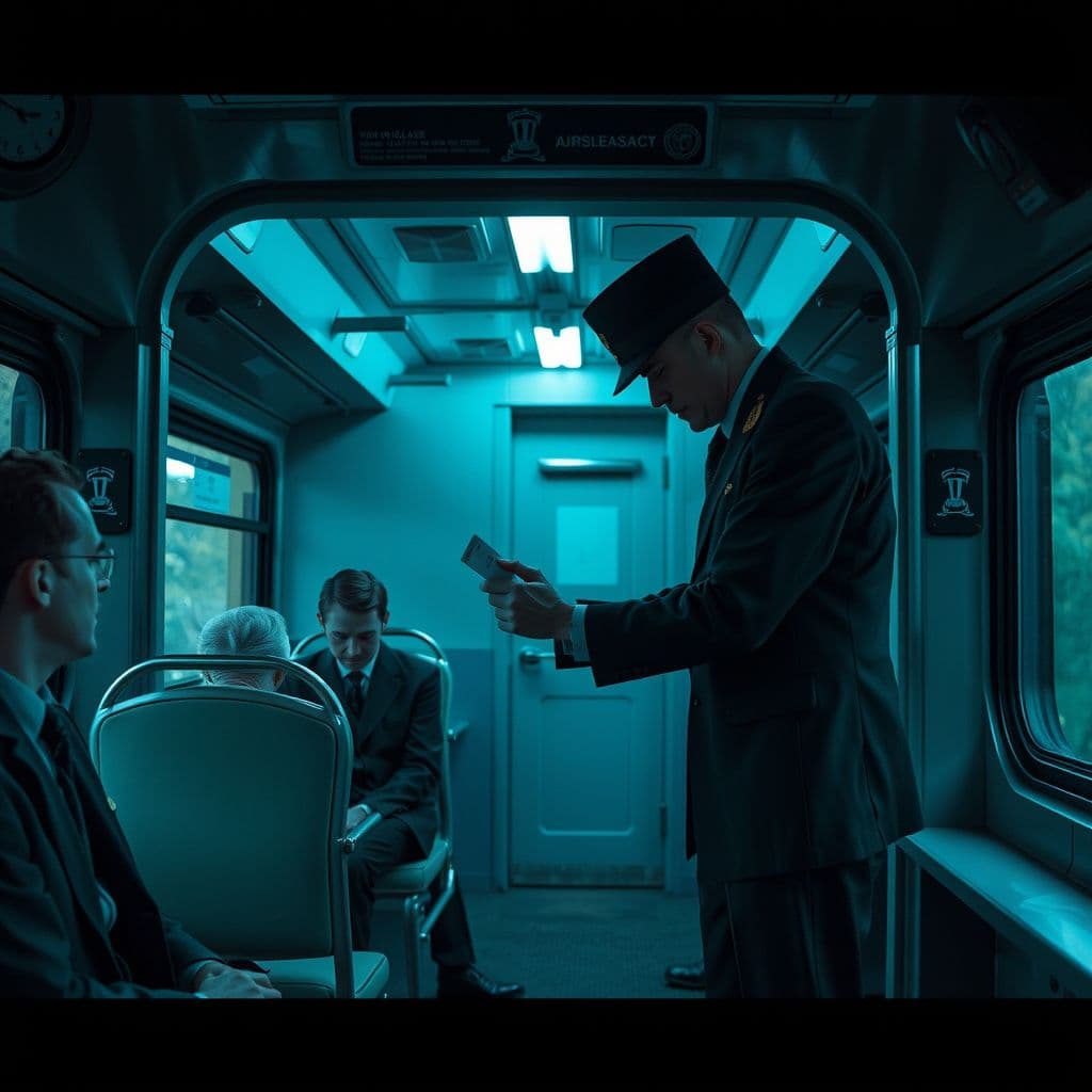 Surreal dream scene, cinematic and atmospheric, digital art: A tense train scene where a stern ticket inspector in black leather boots takes an invalid ticket from a nervous passenger, capturing a moment of quiet authority and unease in a crowded carriage.