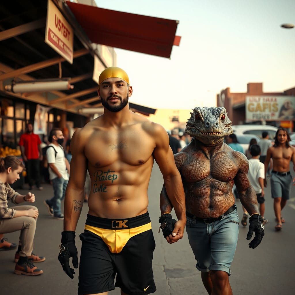 Surreal dream scene, cinematic and atmospheric, digital art: A confident person wearing tight-fitting golden boxer briefs on their head walks through a lively outdoor marketplace on a sunny, hot day, surrounded by curious and friendly men of all ages, while holding hands with a proud, muscular reptilian companion.