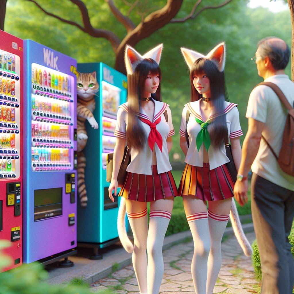 Digital art 4k scene from a movie: In a whimsical park setting, two young catgirl twins in matching college uniforms stroll by a row of vending machines, catching the attention of a passerby.
