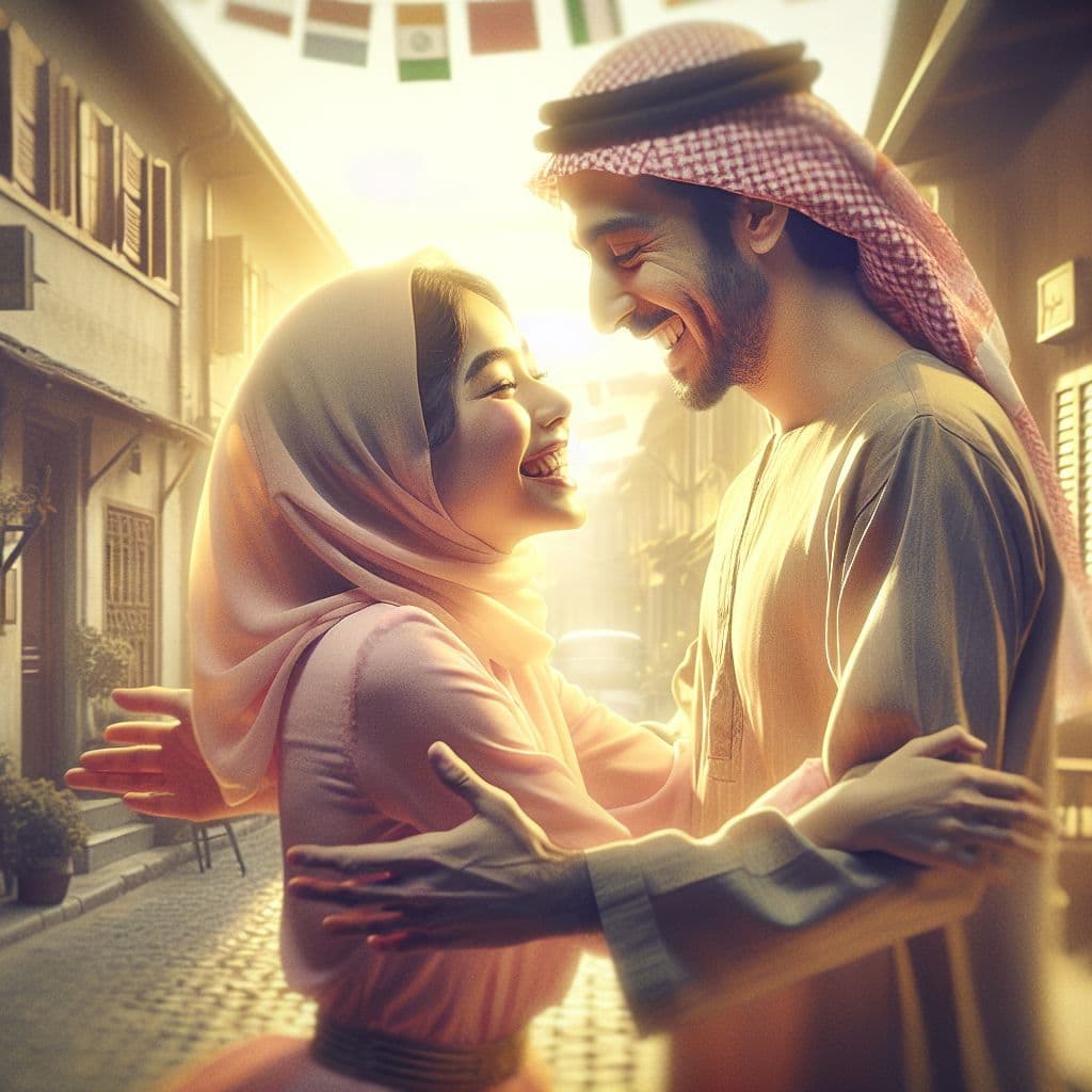 Surreal dream scene, cinematic and atmospheric, digital art: A warm, nostalgic scene of two old friends joyfully reuniting and smiling brightly in a quaint, sunlit neighborhood, with the friend wearing a cute pink outfit and surrounded by a peaceful, comforting atmosphere.