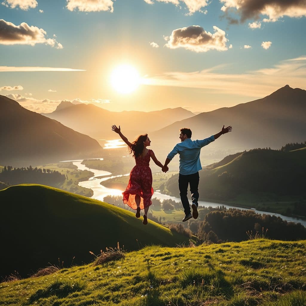 Surreal dream scene, cinematic and atmospheric, digital art: A joyful couple holding hands flies happily over enchanting hills, green meadows, and sparkling rivers under a shining sun with a gentle breeze.